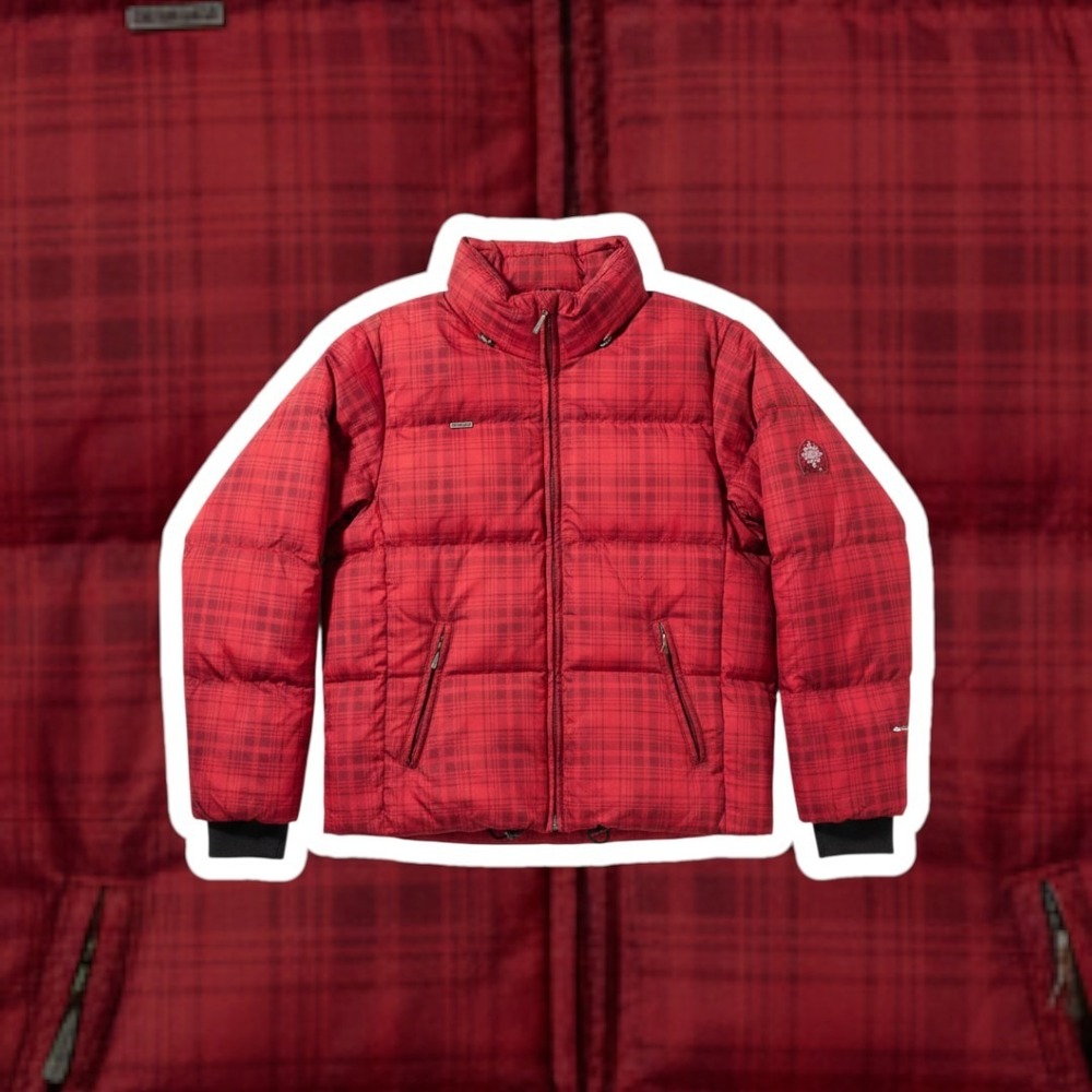 Columbia Red Plaid Down Puffer Jacket Women Size M Quilted Zip Up Winter Coat